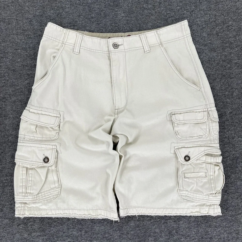 Plugg Cargo Shorts Mens 31 (Fits 32) White Khaki Utility Pocket Y2K Grunge Baggy